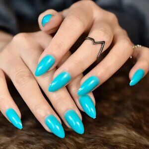 24 Bright Blue Nails Press On Style Kit Fake Glam Vacation Almond Point Reusable
